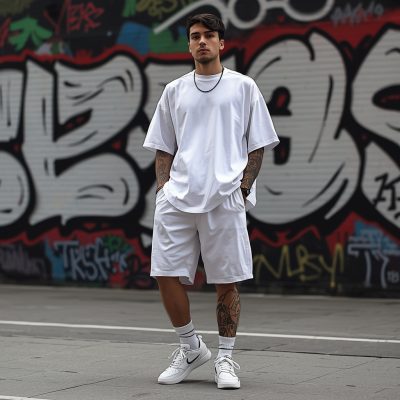 Phối đồ quần short trắng nam phong cách streetwear